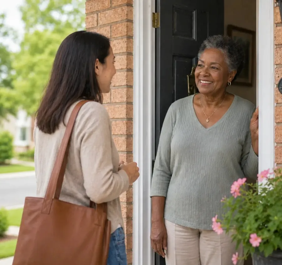 An Arcadia caregiver greeted at a family's front door