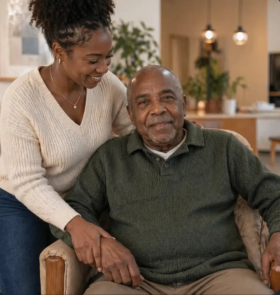 An Arcadia caregiver sitting with an older adult at home