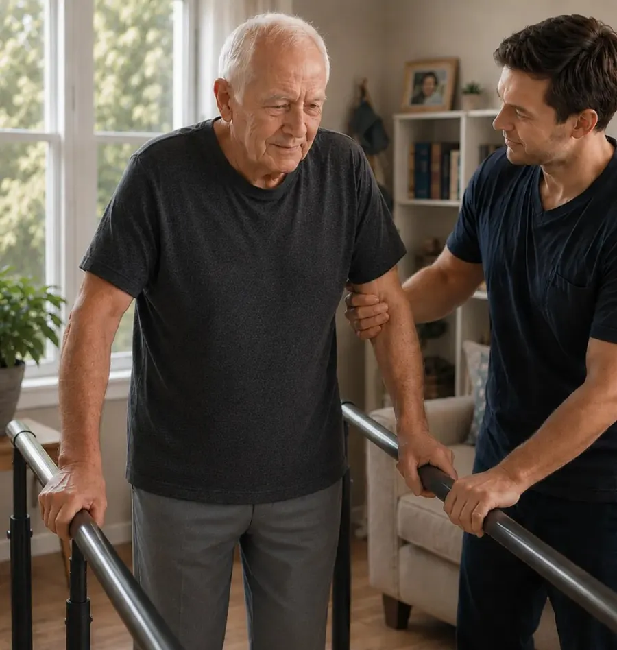 An older adult working through a guided strength exercise at home